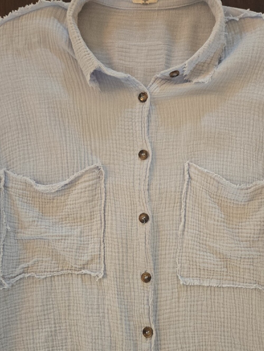 POL Boho Baby Blue Gauze Button-Front With Cream Knit Sleeves - Picture 3 of 7